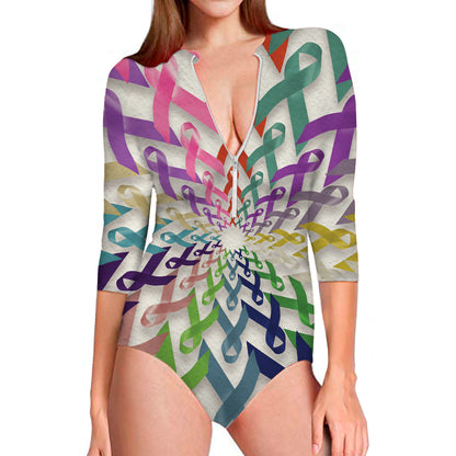 All Cancer Awareness Mandala Print Long Sleeve Swimsuit