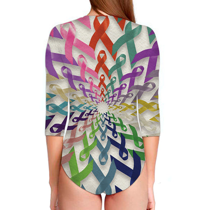 All Cancer Awareness Mandala Print Long Sleeve Swimsuit