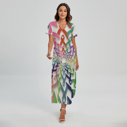 All Cancer Awareness Mandala Print Short Sleeve Maxi Dress