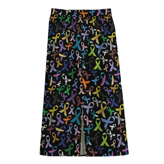 All Cancer Awareness Pattern Print Cotton Front Slit Maxi Skirt