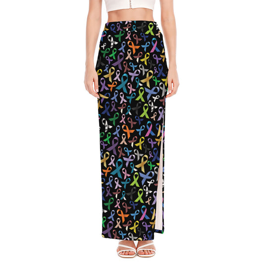 All Cancer Awareness Pattern Print High Slit Maxi Skirt