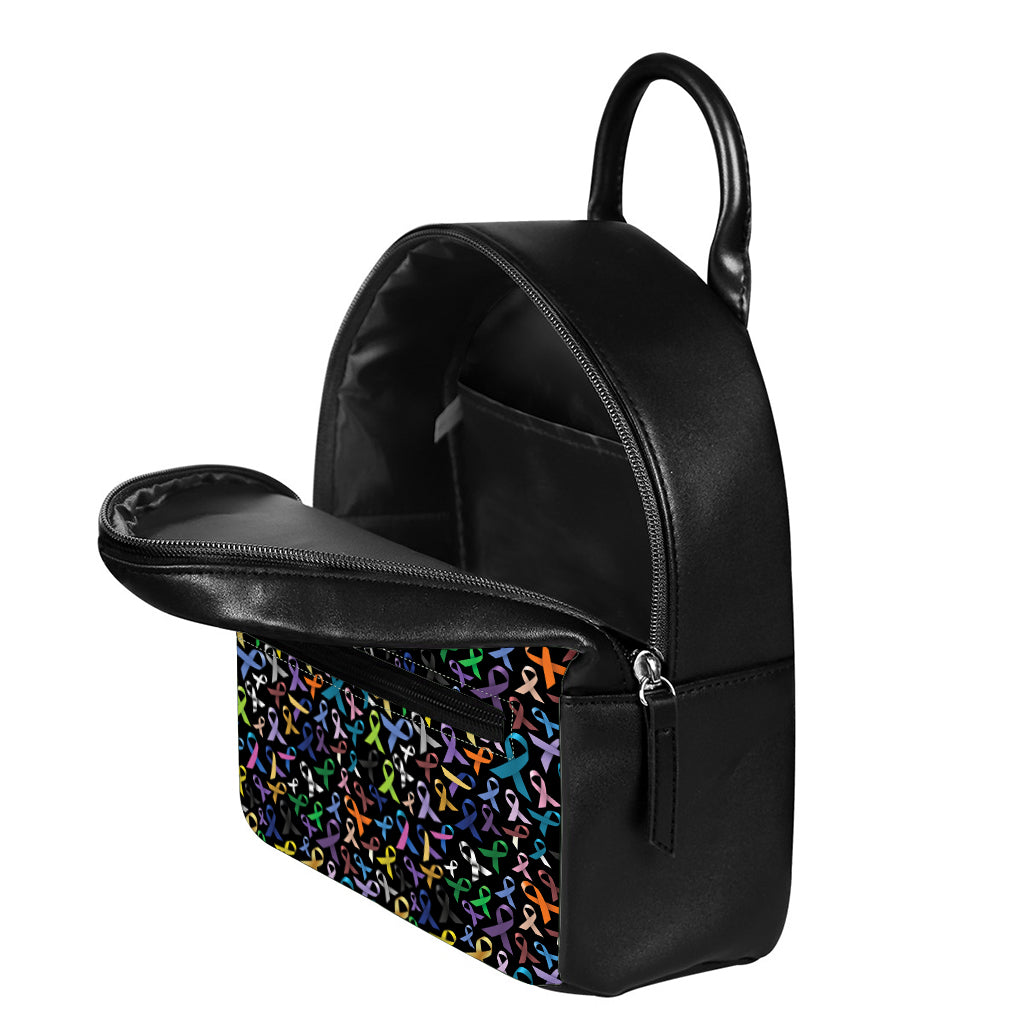All Cancer Awareness Pattern Print Leather Backpack