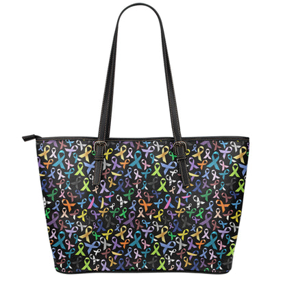 All Cancer Awareness Pattern Print Leather Tote Bag