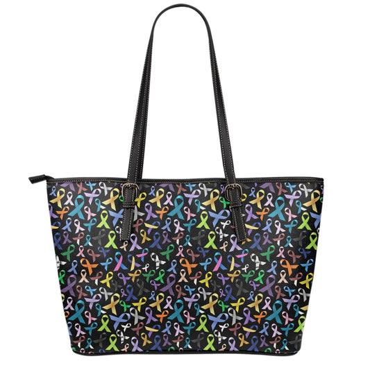 All Cancer Awareness Pattern Print Leather Tote Bag