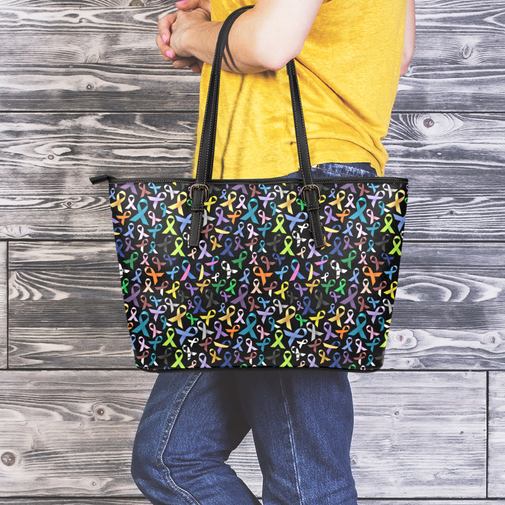 All Cancer Awareness Pattern Print Leather Tote Bag