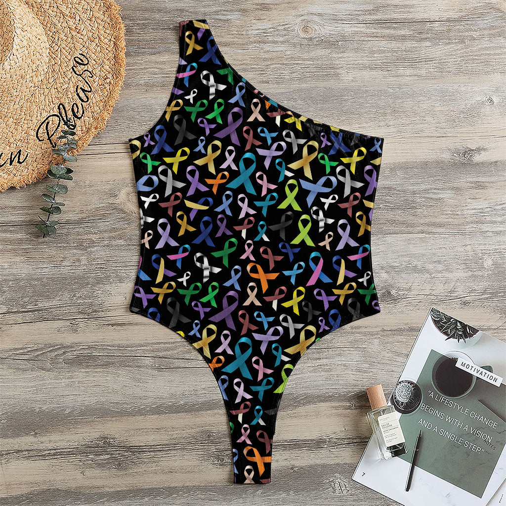 All Cancer Awareness Pattern Print One Shoulder Bodysuit
