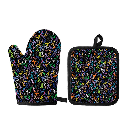 All Cancer Awareness Pattern Print Oven Mitt And Pot Holder Set