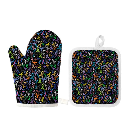 All Cancer Awareness Pattern Print Oven Mitt And Pot Holder Set