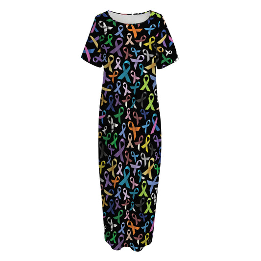 All Cancer Awareness Pattern Print Short Sleeve Long Nightdress