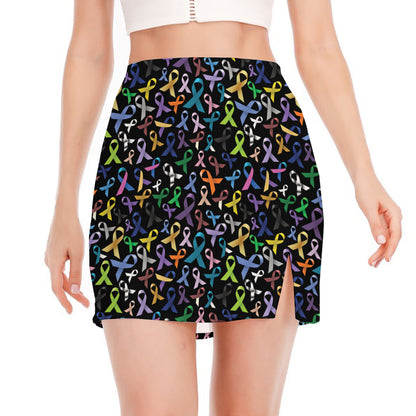 All Cancer Awareness Pattern Print Side Slit Mini Skirt
