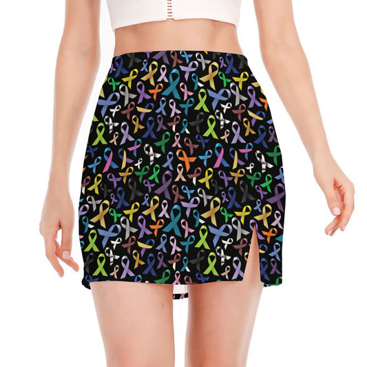 All Cancer Awareness Pattern Print Side Slit Mini Skirt