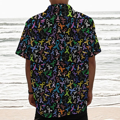 All Cancer Awareness Pattern Print Textured Short Sleeve Shirt