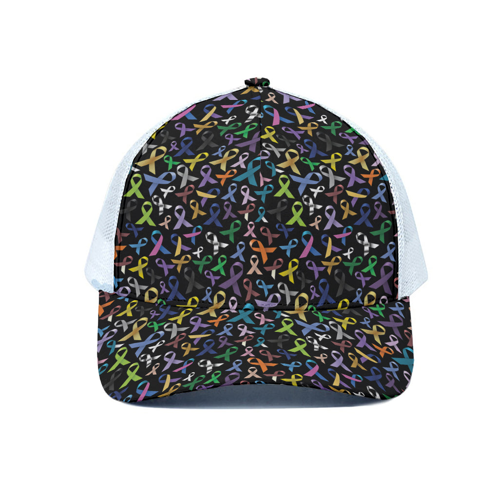 All Cancer Awareness Pattern Print White Mesh Trucker Cap