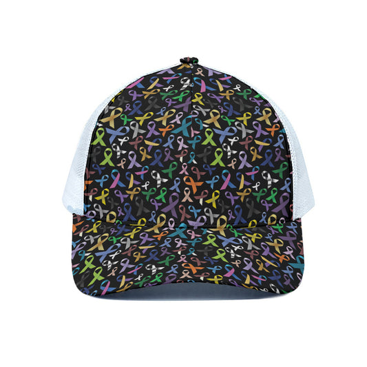 All Cancer Awareness Pattern Print White Mesh Trucker Cap