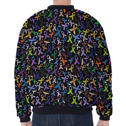 All Cancer Awareness Pattern Print Zip Sleeve Bomber Jacket