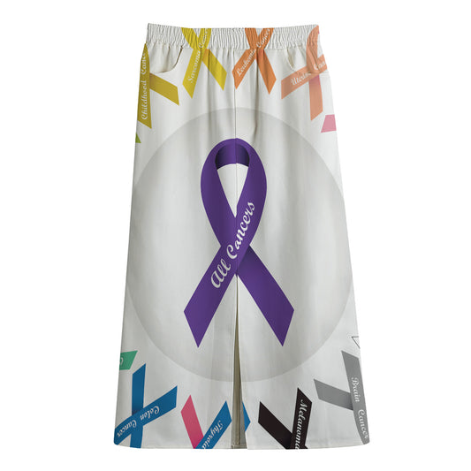 All Cancer Awareness Ribbons Print Cotton Front Slit Maxi Skirt