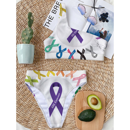 All Cancer Awareness Ribbons Print One Shoulder Bikini Top