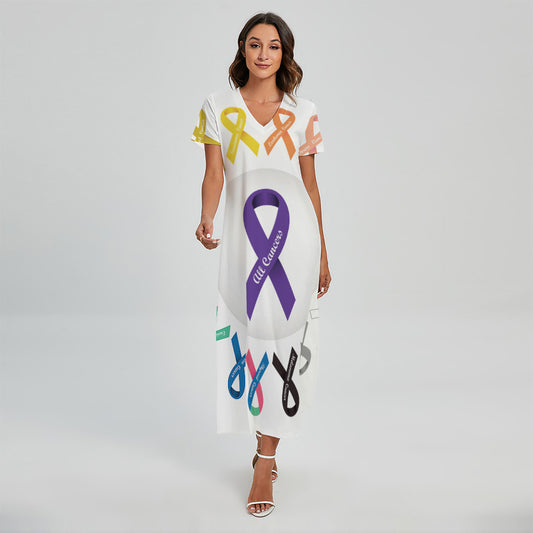 All Cancer Awareness Ribbons Print Short Sleeve Maxi Dress