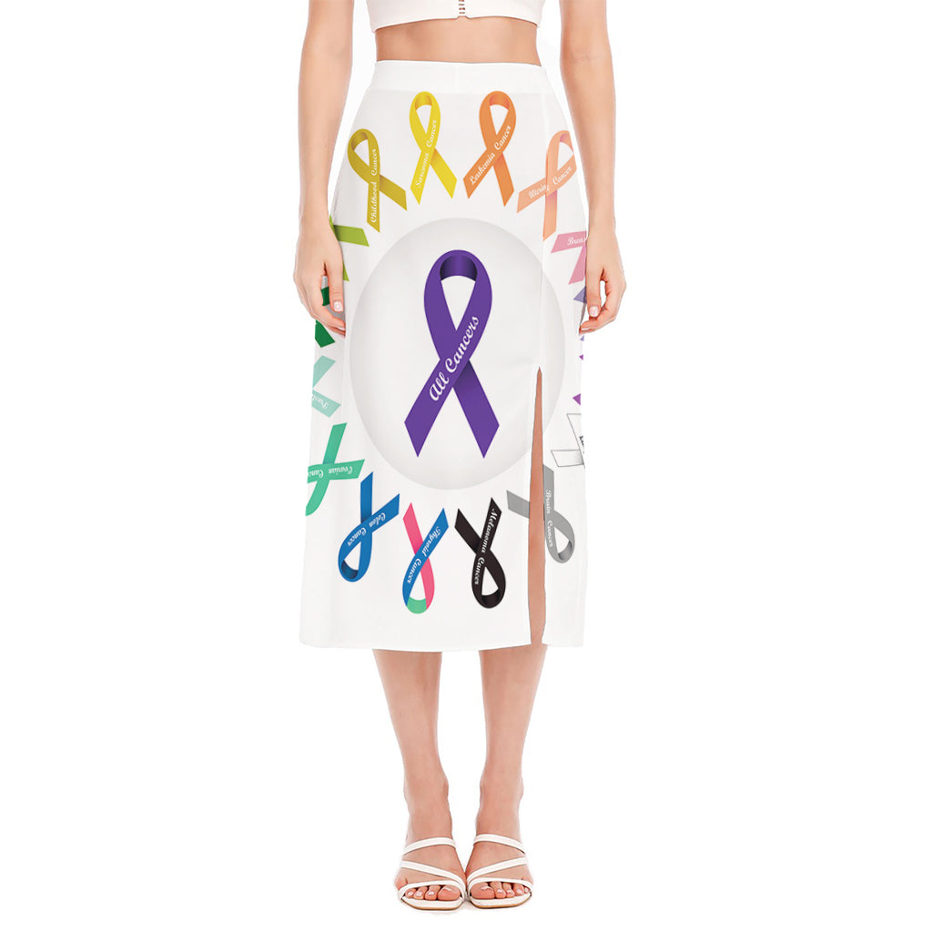 All Cancer Awareness Ribbons Print Side Slit Midi Skirt