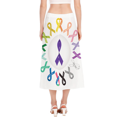 All Cancer Awareness Ribbons Print Side Slit Midi Skirt