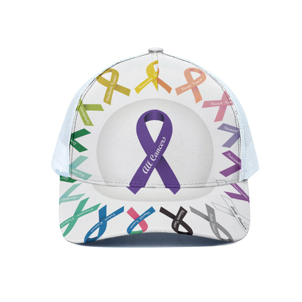 All Cancer Awareness Ribbons Print White Mesh Trucker Cap