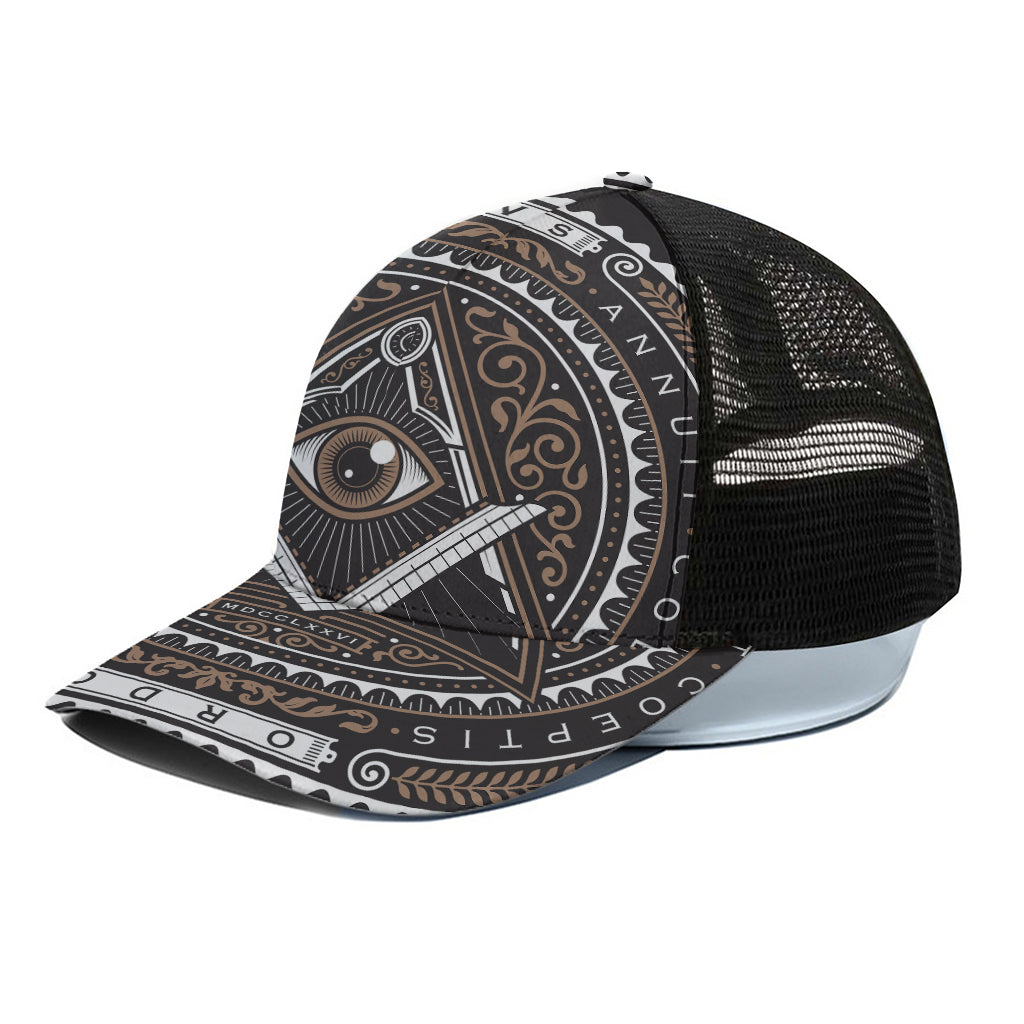 All Seeing Eye Symbol Print Black Mesh Trucker Cap