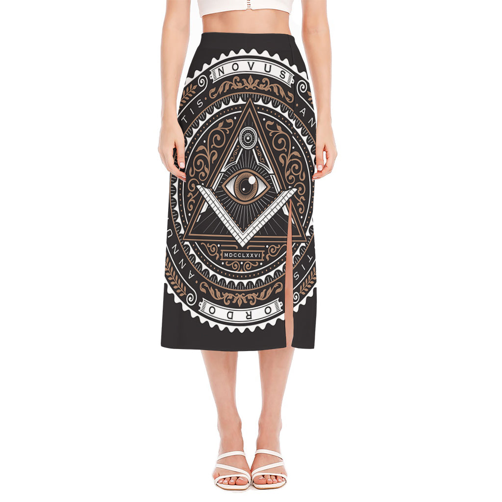 All Seeing Eye Symbol Print Side Slit Midi Skirt