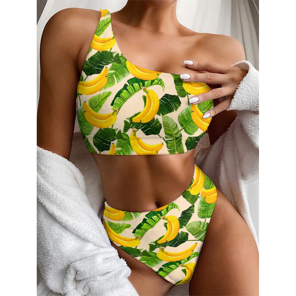 Aloha Banana Pattern Print One Shoulder Bikini Top