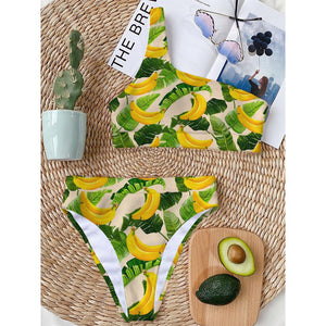 Aloha Banana Pattern Print One Shoulder Bikini Top