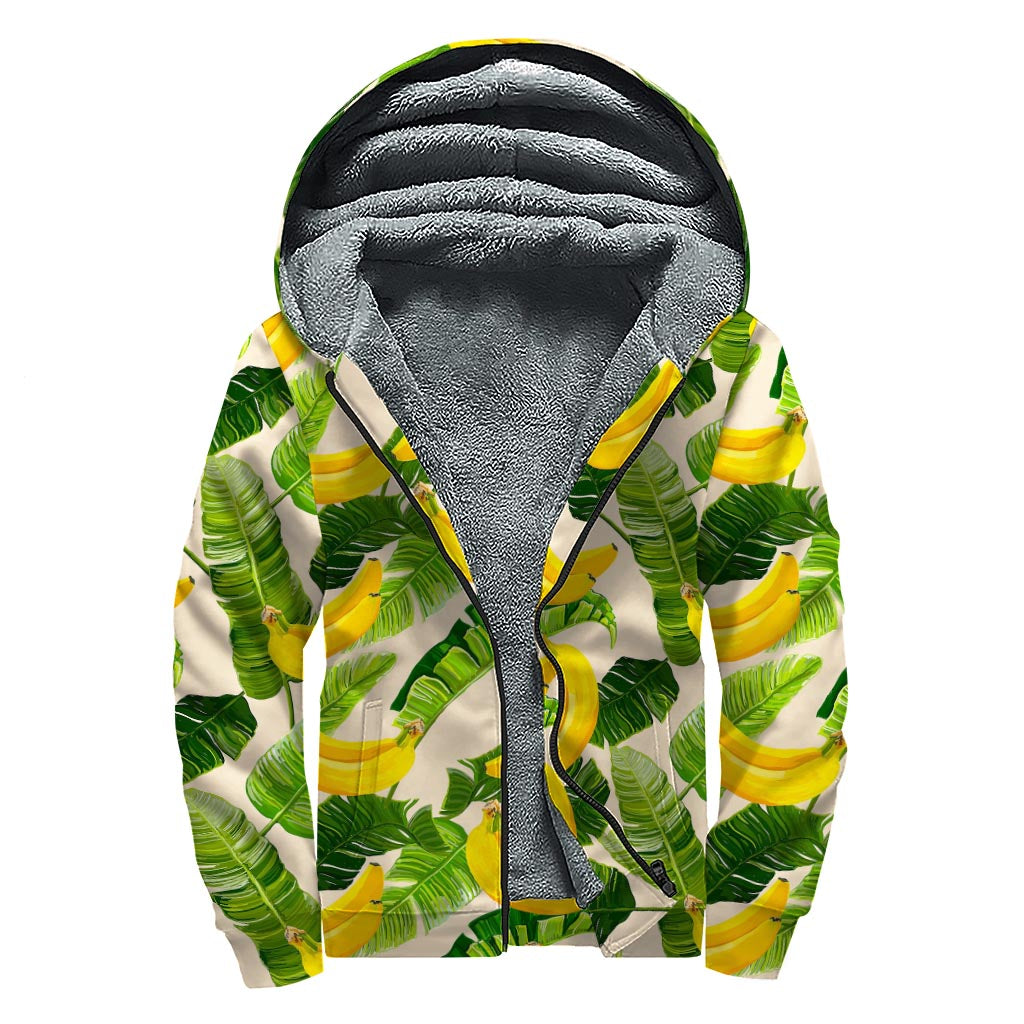 Aloha Banana Pattern Print Sherpa Lined Zip Up Hoodie