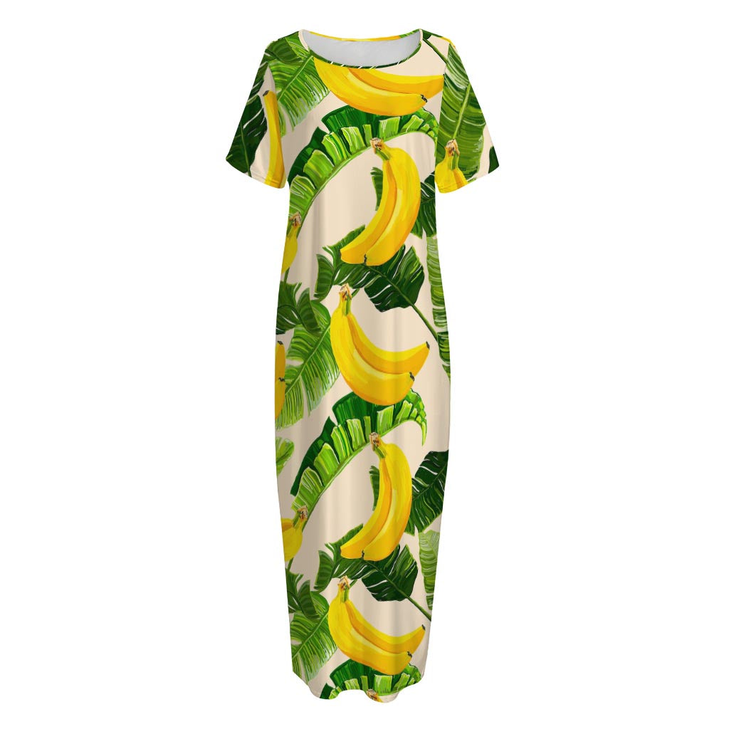 Aloha Banana Pattern Print Short Sleeve Long Nightdress