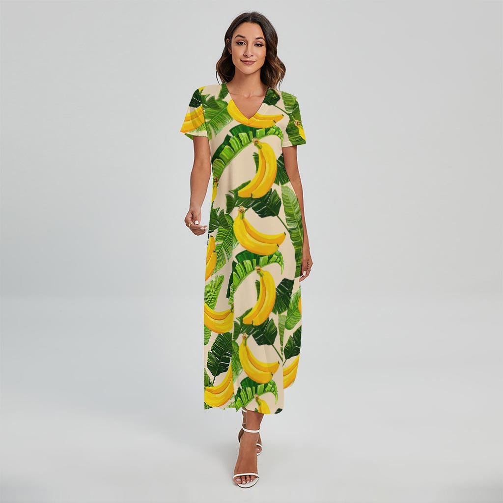 Aloha Banana Pattern Print Short Sleeve Maxi Dress