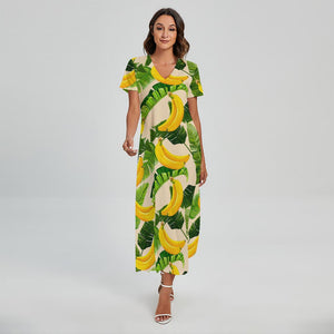 Aloha Banana Pattern Print Short Sleeve Maxi Dress