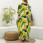 Aloha Banana Pattern Print Silk V-Neck Kaftan Dress