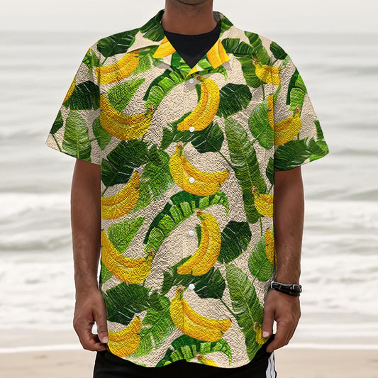 Aloha Banana Pattern Print Textured Short Sleeve Shirt