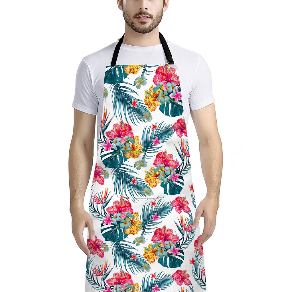 Aloha Hawaii Floral Pattern Print Bib Apron With Pocket
