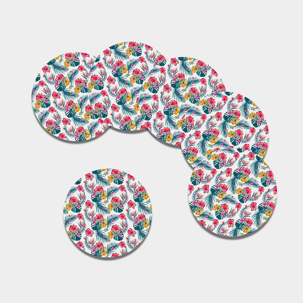 Aloha Hawaii Floral Pattern Print Leather Coaster Set