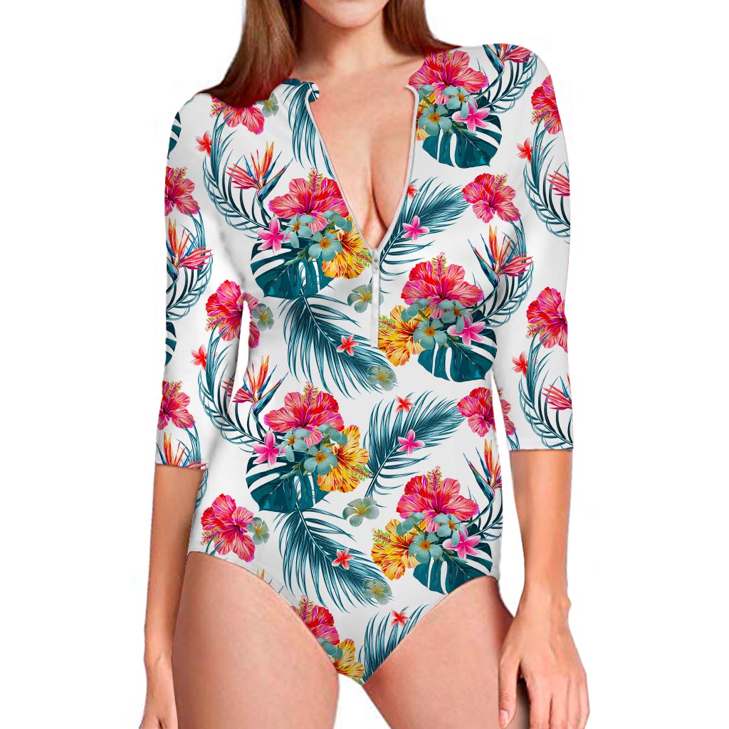 Aloha Hawaii Floral Pattern Print Long Sleeve Swimsuit