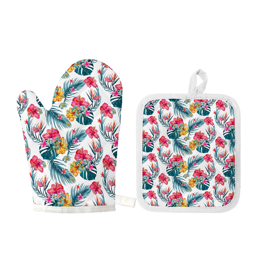 Aloha Hawaii Floral Pattern Print Oven Mitt And Pot Holder Set