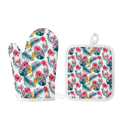 Aloha Hawaii Floral Pattern Print Oven Mitt And Pot Holder Set
