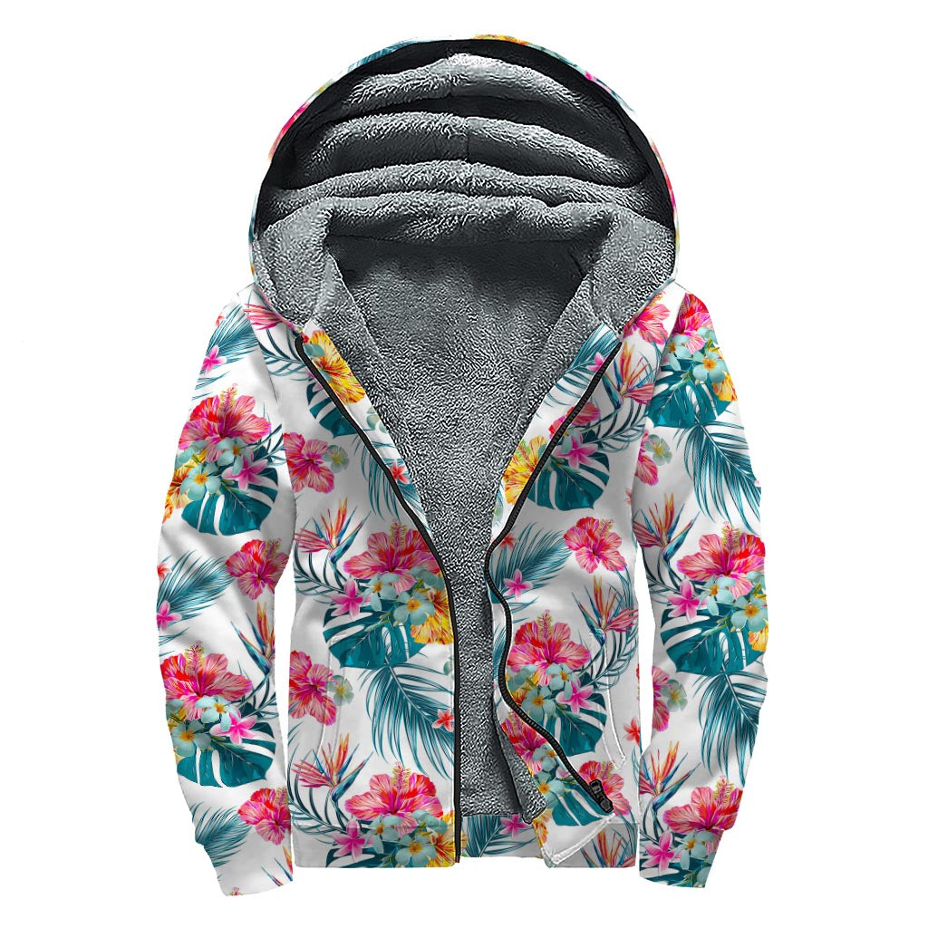 Aloha Hawaii Floral Pattern Print Sherpa Lined Zip Up Hoodie