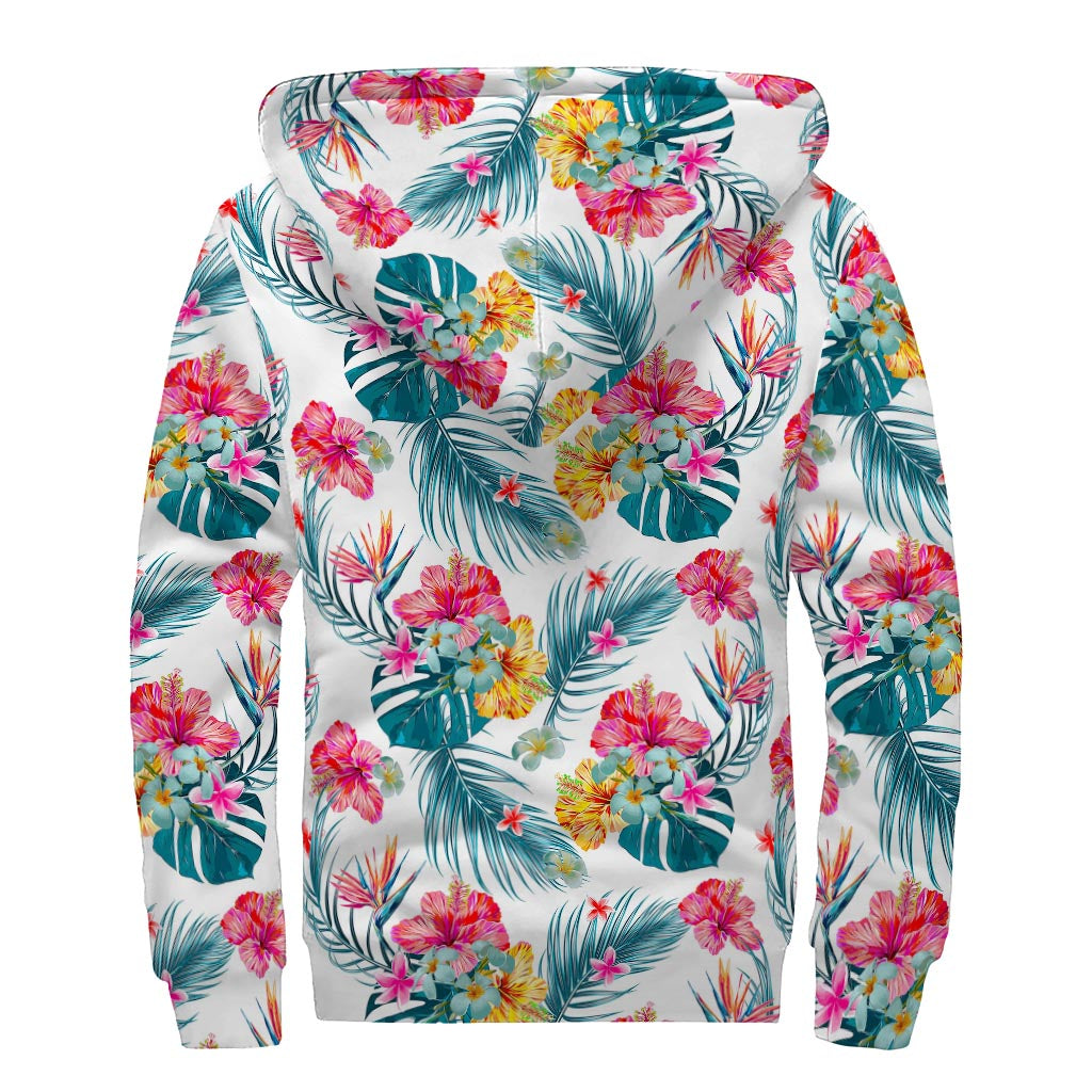 Aloha Hawaii Floral Pattern Print Sherpa Lined Zip Up Hoodie