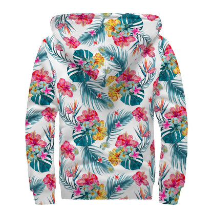 Aloha Hawaii Floral Pattern Print Sherpa Lined Zip Up Hoodie