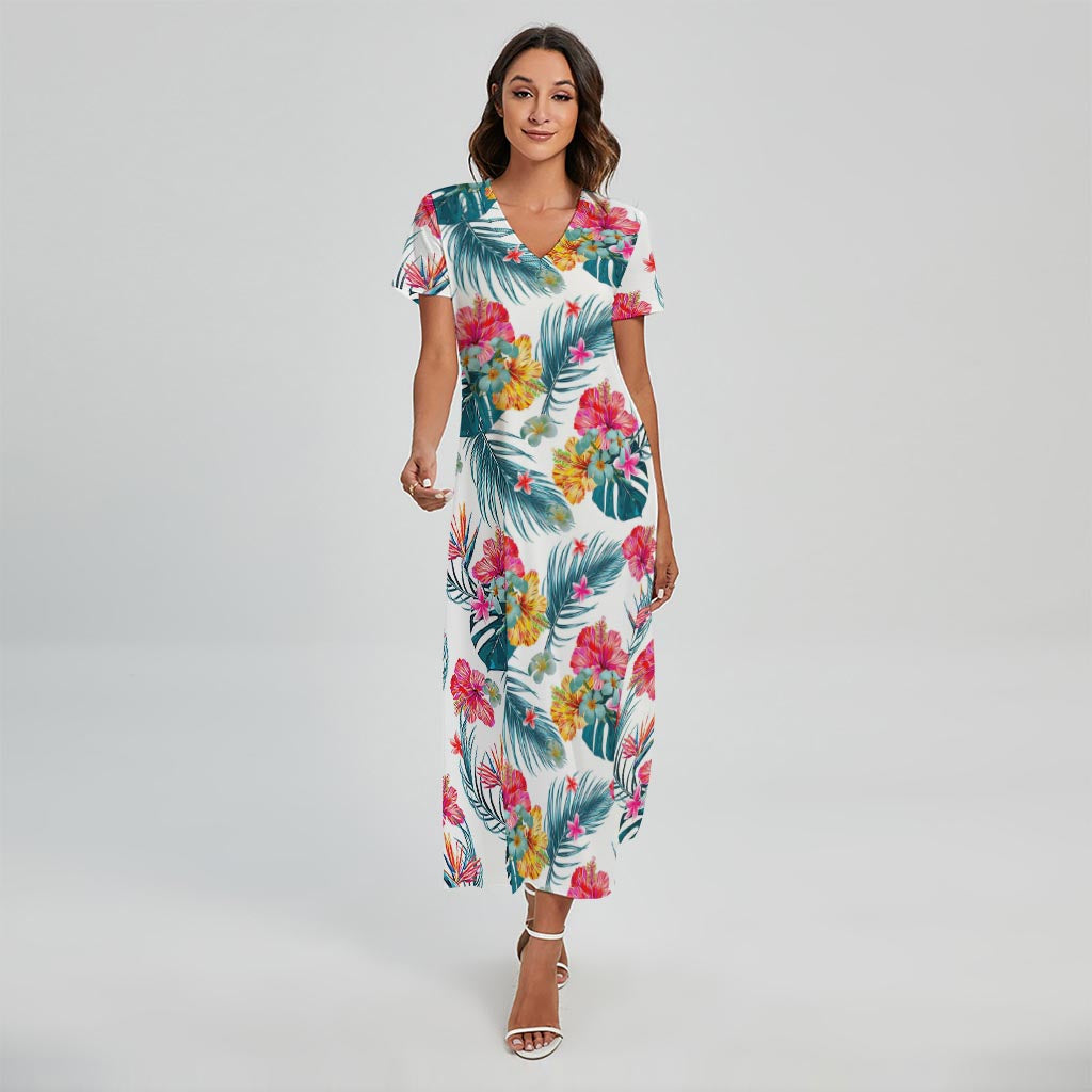 Aloha Hawaii Floral Pattern Print Short Sleeve Maxi Dress