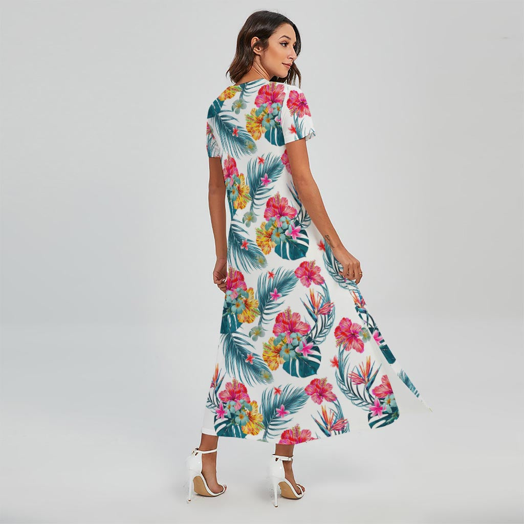 Aloha Hawaii Floral Pattern Print Short Sleeve Maxi Dress