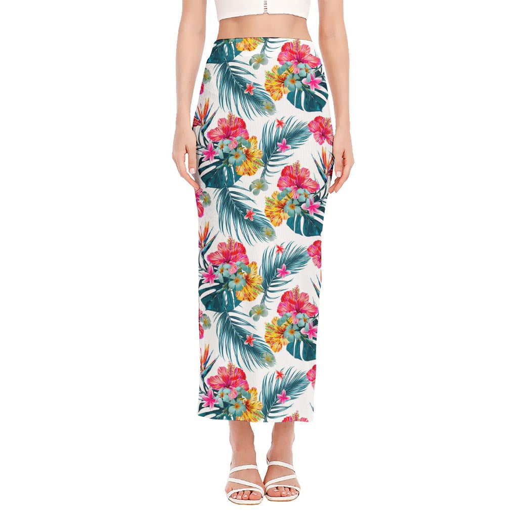 Aloha Hawaii Floral Pattern Print Side Slit Maxi Skirt