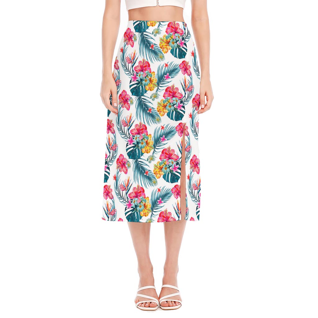 Aloha Hawaii Floral Pattern Print Side Slit Midi Skirt