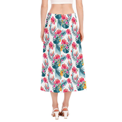 Aloha Hawaii Floral Pattern Print Side Slit Midi Skirt