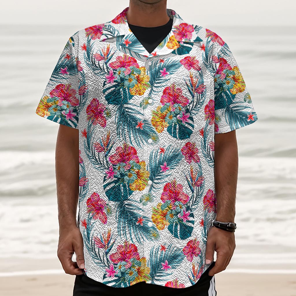 Aloha Hawaii Floral Pattern Print Textured Short Sleeve Shirt