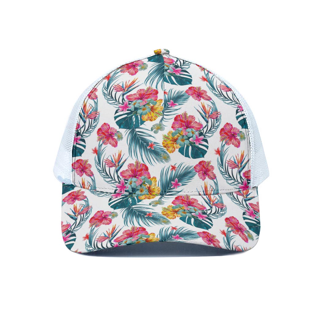 Aloha Hawaii Floral Pattern Print White Mesh Trucker Cap